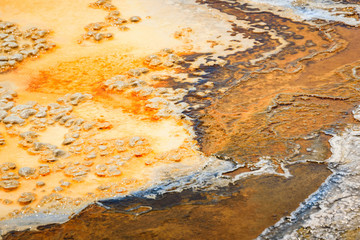 Hot springs, geyser water. Alien planet looking water, river. Yellowstone National Park.