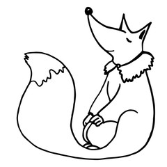 Cute dreaming fox. Contour freehand illustration with resting animal isolated on white background. Cartoon character for prints, designs, cards, coloring book pages. Sitting pet.