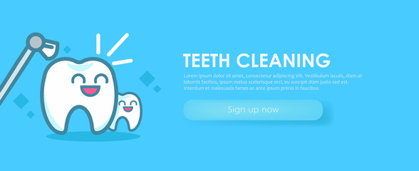 Dentistry Banner Cleaning Teeth. Cute kawaii characters