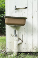 antique washbasin on wooden wall