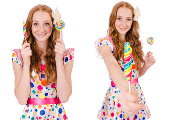 Pretty girl with lollypops isolated on white