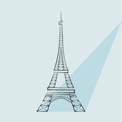 Fototapeta na wymiar Black silhouette Eiffel Tower, Paris, isolated on blue background. Eiffel tower sign. Eiffel tower icon. Symbol of Paris and France. Design flat element. Vector illustration AI 10