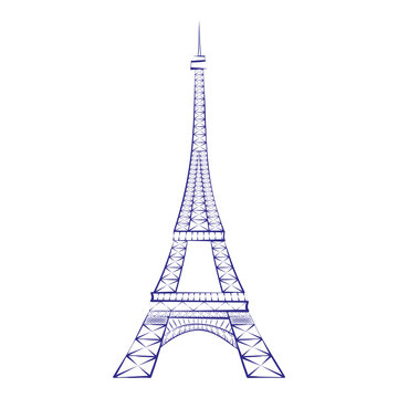 Blue silhouette Eiffel Tower, Paris, isolated on white background. Eiffel tower sign. Eiffel tower icon. Symbol of Paris and France. Design flat element. Vector illustration AI 10
