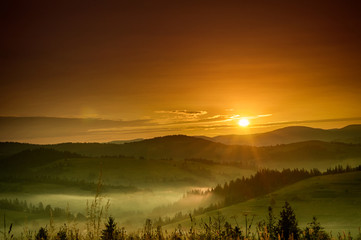 Fototapeta premium Sunrise In Carpathian Mountain (Borzava, Ukraine 2016)