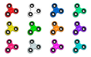 Fidget spinner in defferent colors collection. Set of hand rotation antistress toy. Twist bauble to making tricks.