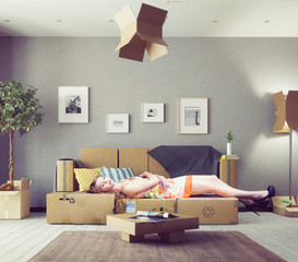 The first day in the room after moving . Photocombination