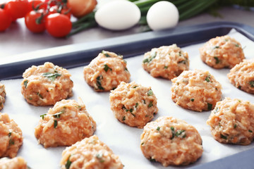 Delicious turkey meatballs on baking tray
