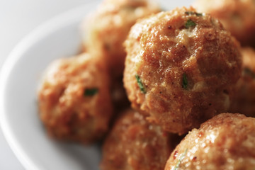 Plate with delicious turkey meatballs, closeup