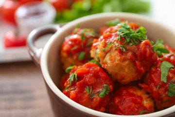 Closeup view of ceramic dish with delicious turkey meatballs