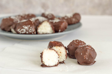 Homemade chocolate coconut balls. Healthy snack or gift idea.