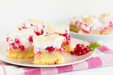 Sliced sponge cake with red currant.