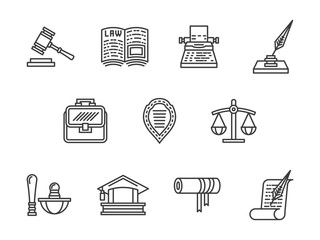 Justice and law black line vector icons set