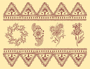 Henna tattoo brown mehndi flower doodle ornamental decorative indian design pattern paisley arabesque mhendi embellishment vector.
