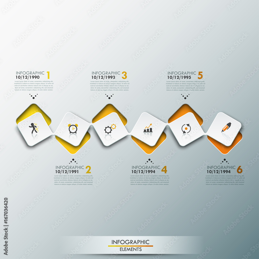 Aufkleber infographic design template with timeline and 6 connected square elements in yellow color
