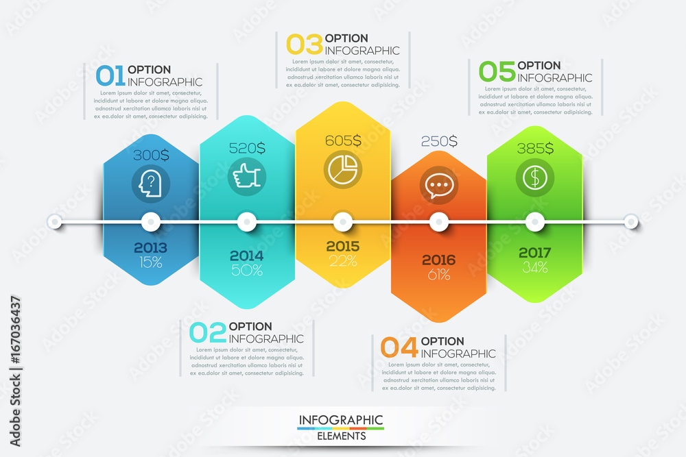 Poster infographic design template with timeline and 5 connected hexagonal elements