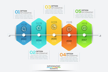 Infographic design template with timeline and 5 connected hexagonal elements