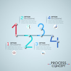 Infographic design template with elements connected by lines in shape of four numbers