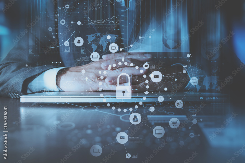 Poster cyber security internet and networking concept.businessman hand working with vr screen padlock icon 