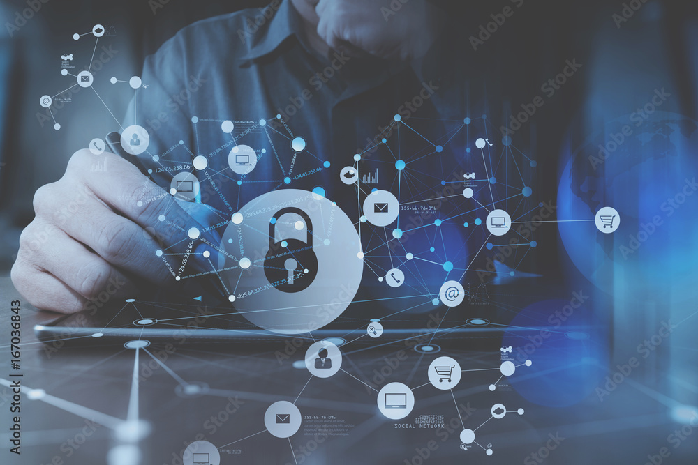 Poster cyber security internet and networking concept.businessman hand working with vr screen padlock icon 