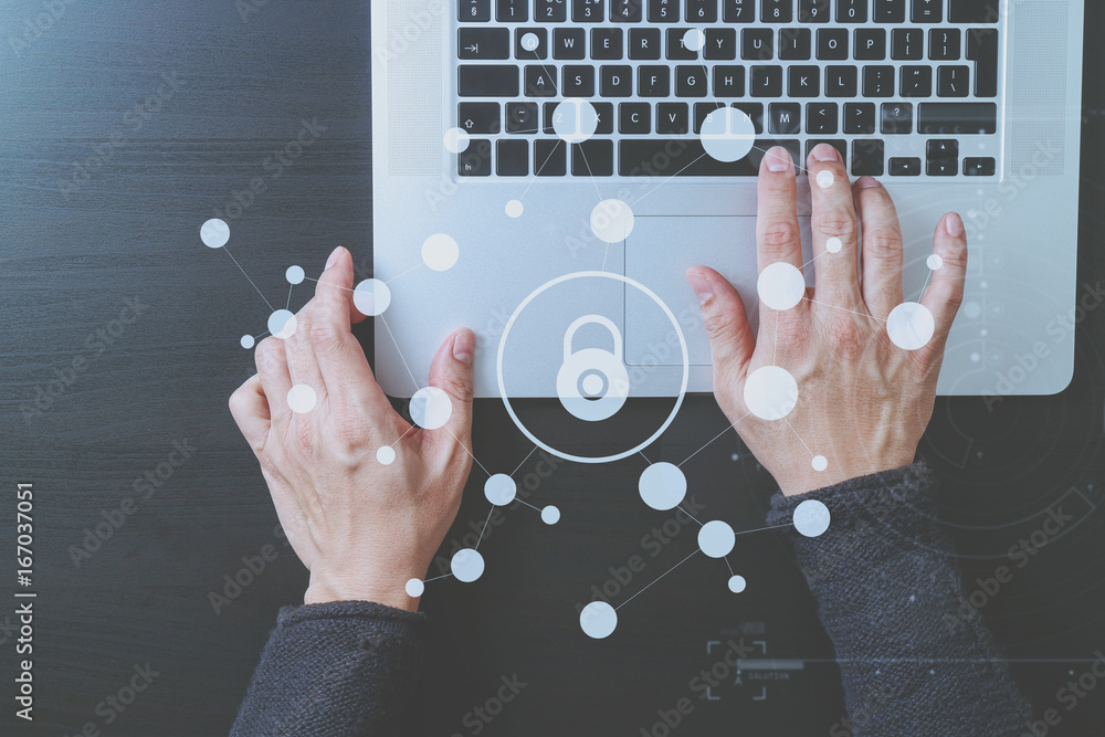 Poster cyber security internet and networking concept.businessman hand working with vr screen padlock icon 