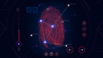 Fingerprint scanning identification system, futuristic sci-fi red interface, biometric authorization technology