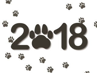 Inscription 2018 with a dogs paw as a symbol of the coming new year. Congratulations on the new year on a white background. Vector illustration.