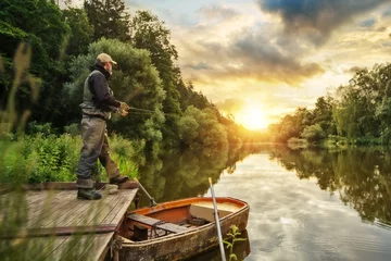 Acrylic prints Fishing Sport fisherman hunting fish. Outdoor fishing in river