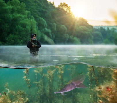 Fisherman trying to catch predator fish, half to half image mantage