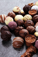a lot of variety chocolate pralines, belgian confectionery gourm