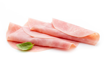 Thin slices of ham on white background.