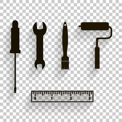 Vector icon image of a set for repair, for work. Brush, ruler, screwdriver, spanner, molar roller,Paint roller