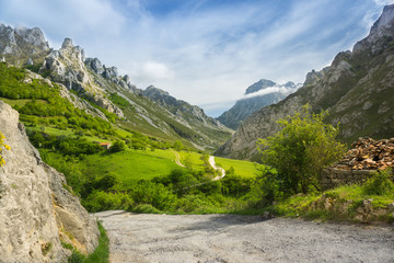 Beautiful nature of Spain: Picos de Europa mountain peaks and tourist trails in summer sunny day with blue sky and clouds