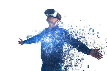 A person in virtual glasses flies to pixels. The man with glasses of virtual reality. Future...