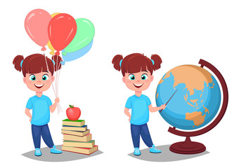 Back to school. Cute girl in casual clothes with helium balloons standing near stack of books and girl pointing to the globe with a pointer.