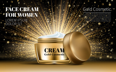 Realistic Gold Women Cream for Eye and Face Bottle Mockup on Dazzling Background. Gold bokeh. Contained in Glass Mock up. Excellent Advertising. Cosmetic Design Product. 3D Vector Illustration