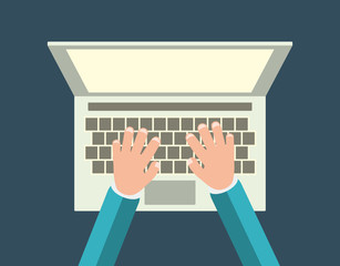 Hands typing on laptop keyboard, vector illustration on dark blue background - 167041403