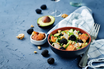 Crispy goat cheese blackberry arugula chicken avocado salad