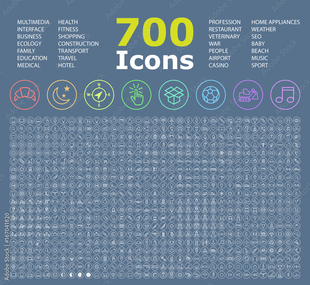 Poster set of 700 minimal universal isolated modern elegant white thin line icons on circular buttons on co