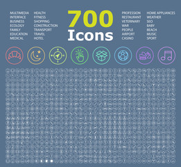Set of 700 Minimal Universal Isolated Modern Elegant White Thin Line Icons on Circular Buttons on Colour Background
