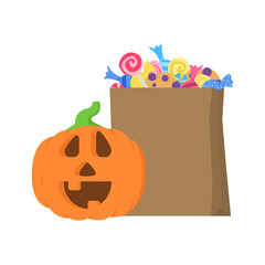 Halloween pumpkin around paper package with candies and lollipops and cookies