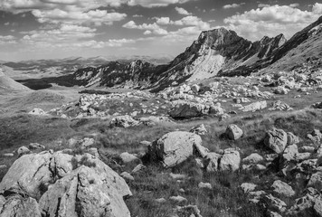 Rock in the big karst of mountain Durmitor in Montenegro. Black & white.