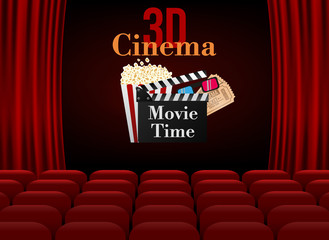 Movie theater with row of red seats popcorn and tickets. 3d Cinema Premiere event template. Super Show design.