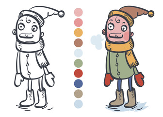 The little boy is warmly dressed. Illustration, cartoon, coloring book