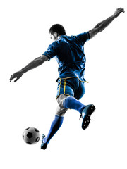 one caucasian soccer player man playing kicking in silhouette isolated on white background - 167046092
