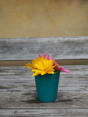 Sommerliches kleines Sträußchen, Blumen auf altem Holztisch