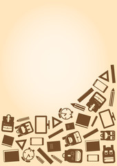 Brown background with school supplies, vector illustration