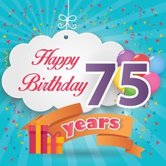 75 th birthday celebration greeting card origami paper art design, birthday party poster background with clouds, balloon, ribbon and gift box full color. seventy five anniversary celebrations