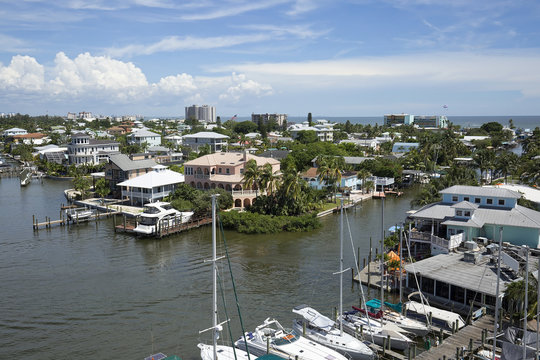 Aerial photo of San Carlos Bay and waterfront homes on Fort Myers Beach, Florida, USA.