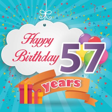 57 th birthday celebration greeting card origami paper art design, birthday party poster background with clouds, balloon, ribbon and gift box full color. fifty seven anniversary celebrations