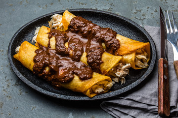 Mexican cuisine. Traditional Mexican chicken enchiladas with spicy chocolate salsa mole poblano. Enchiladas with sauce moole from Puebla, Mexico
